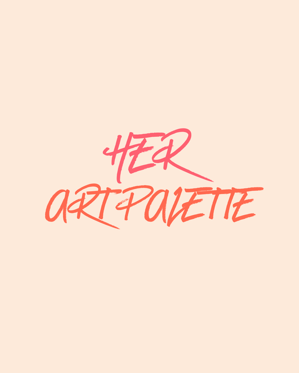 Text 'HER ART PALETTE' in pink on a beige background