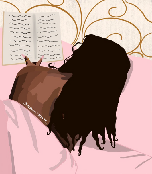 Illustration of a person reading a book with a dog on a pink surface and gold decorative background.