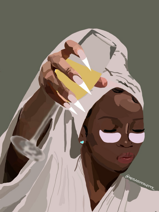 Illustration of a woman applying makeup with a brush and compact mirror on a plain background