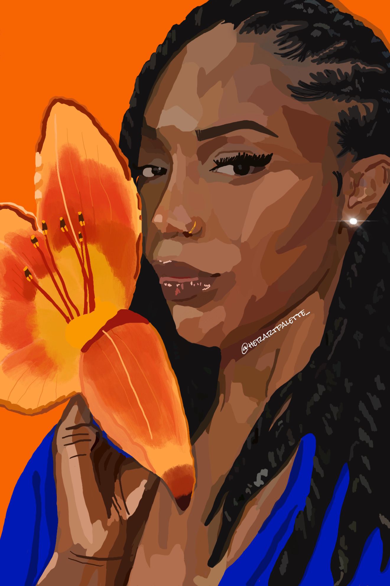Artistic depiction of a woman holding an orange flower against an orange background